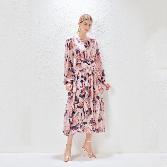 Robe longue imprimée à volants pour femmes, col rond, manches lanternes, élégante et féminine