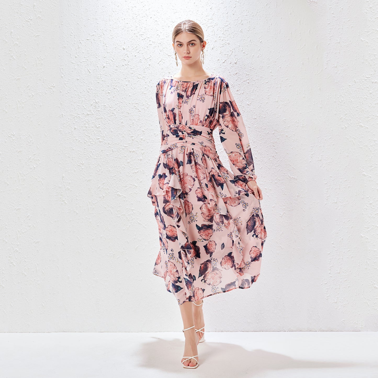 Robe longue imprimée à volants pour femmes, col rond, manches lanternes, élégante et féminine