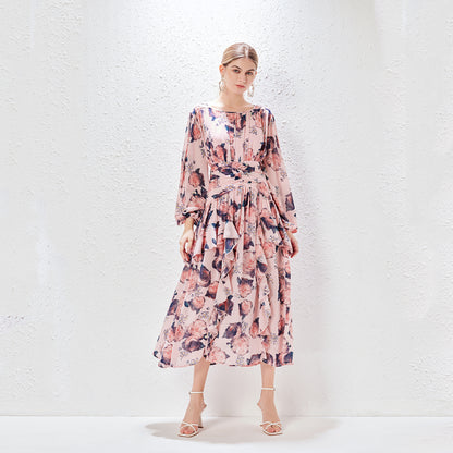 Robe longue imprimée à volants pour femmes, col rond, manches lanternes, élégante et féminine