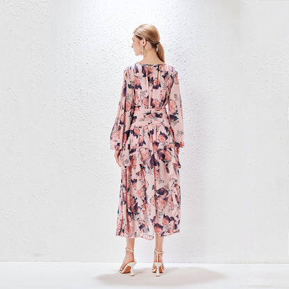 Robe longue imprimée à volants pour femmes, col rond, manches lanternes, élégante et féminine