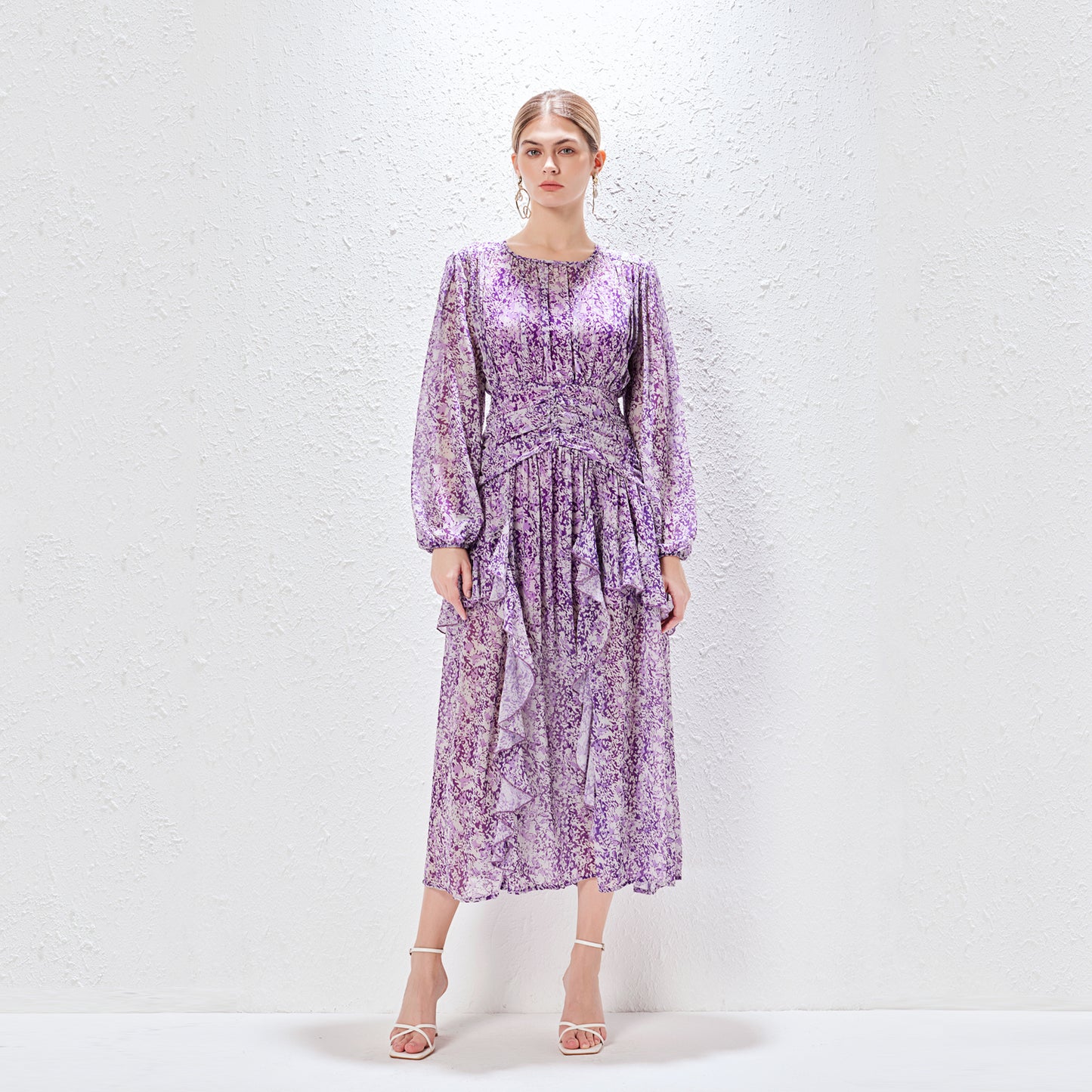 Women Ruffled Printed Round Neck Lantern Sleeve Dress Feminine Elegant Maxi Dress