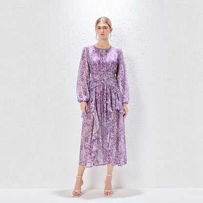 Robe longue imprimée à volants pour femmes, col rond, manches lanternes, élégante et féminine