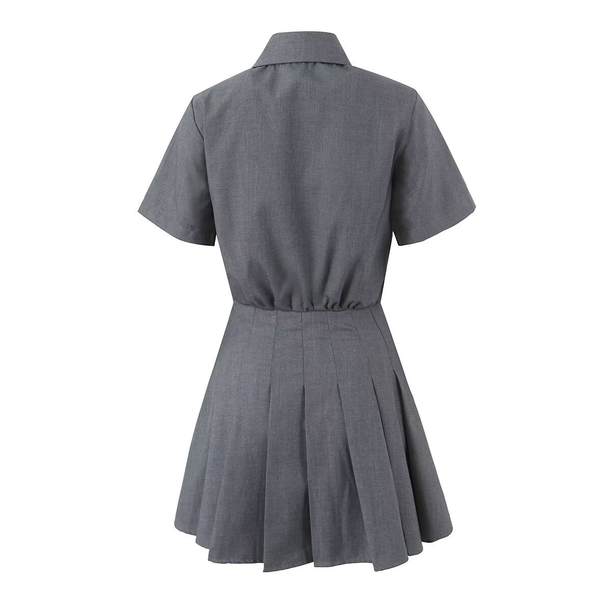 Spring Summer Preppy Age Reducing Rhinestone Gray Pleated Dress Sweet Loose Short Sleeve Dress