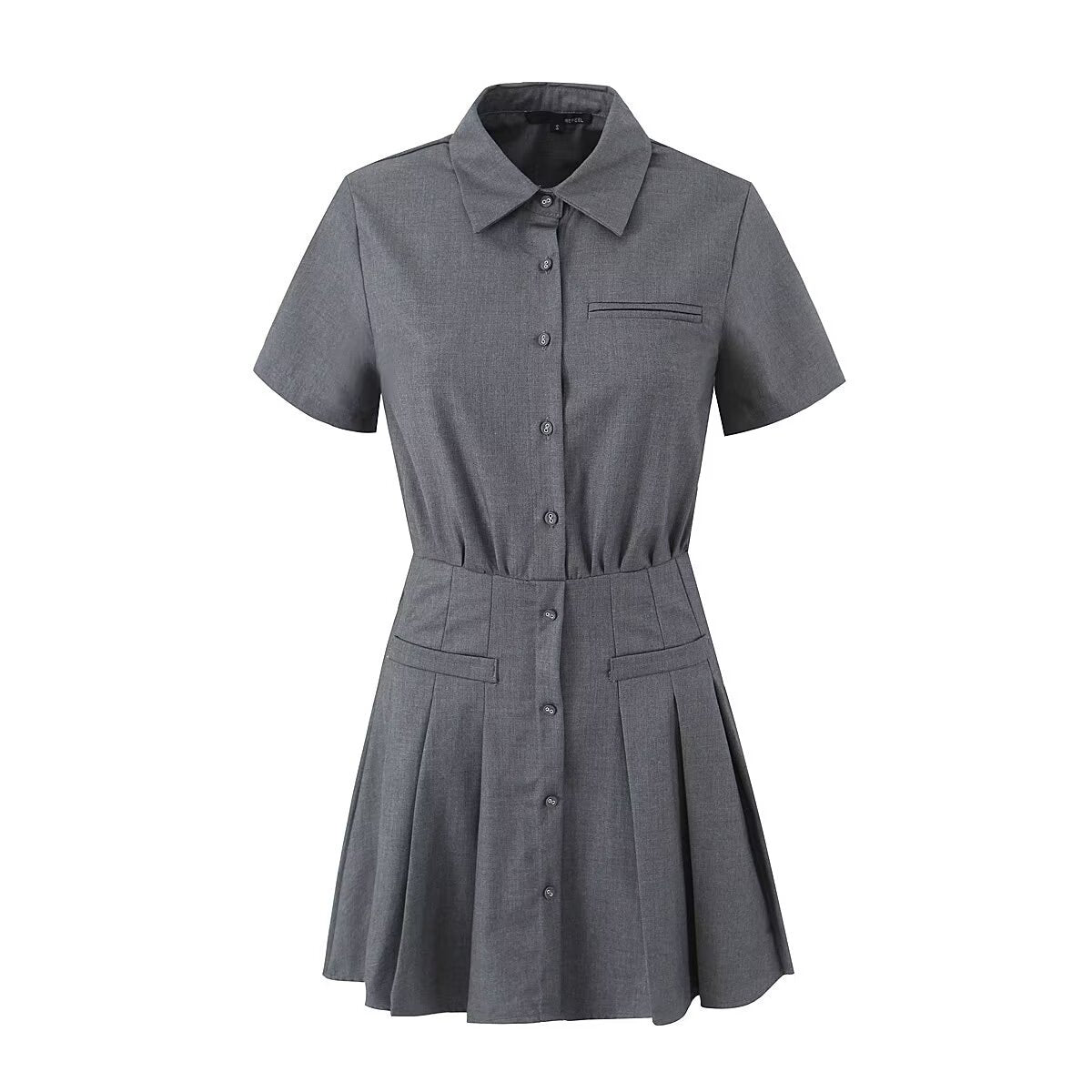 Spring Summer Preppy Age Reducing Rhinestone Gray Pleated Dress Sweet Loose Short Sleeve Dress