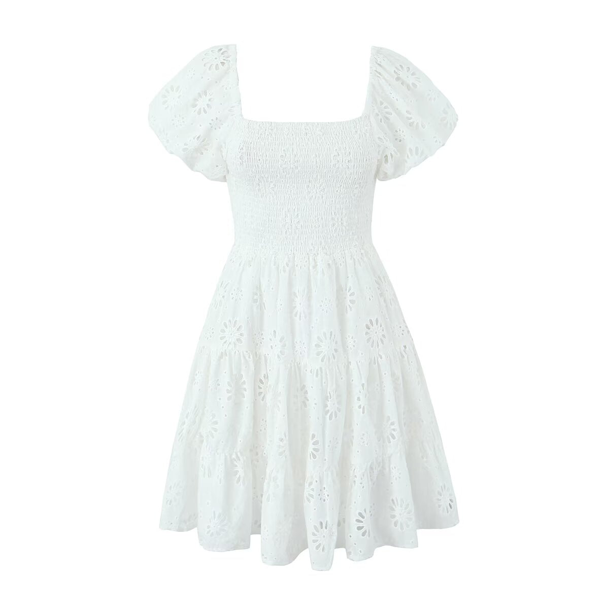 Spring Heavy Embroidery Elastic Dress Puff Sleeve Cinched Short Dress