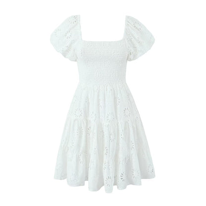 Spring Heavy Embroidery Elastic Dress Puff Sleeve Cinched Short Dress