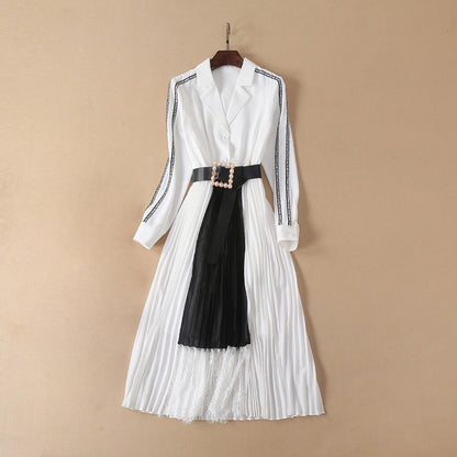 Collar Color Matching Waist Lace Pleated Dress with Belt Elegant Graceful Dress