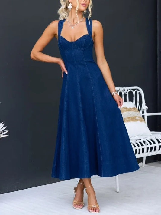 Elegant Solid Color Waist Tight Strap Denim Mid Length Dress