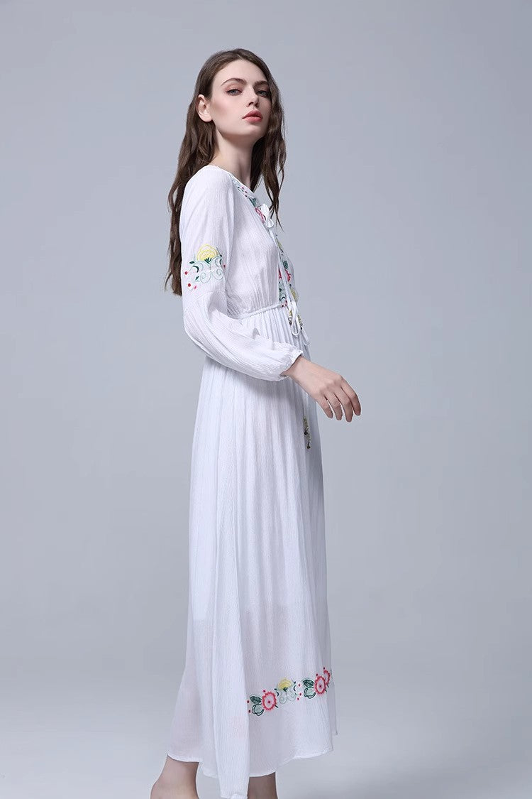 Bohemian Embroidered Flower Drawstring Tight Waist White Holiday Dress