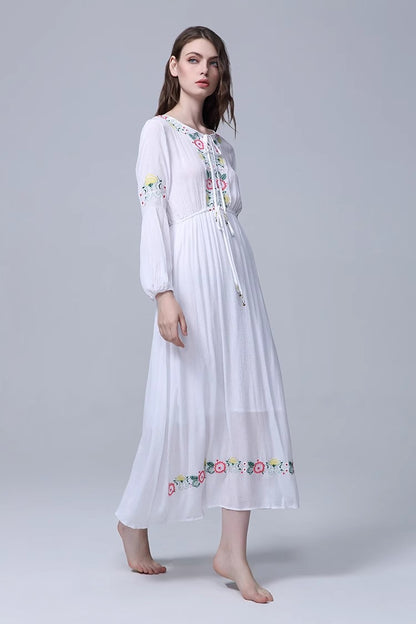 Bohemian Embroidered Flower Drawstring Tight Waist White Holiday Dress