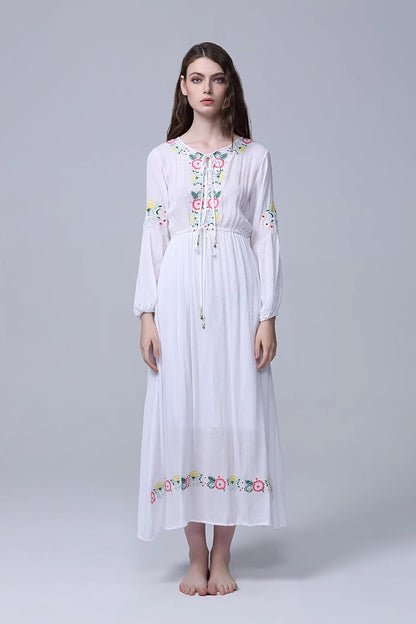 Bohemian Embroidered Flower Drawstring Tight Waist White Holiday Dress