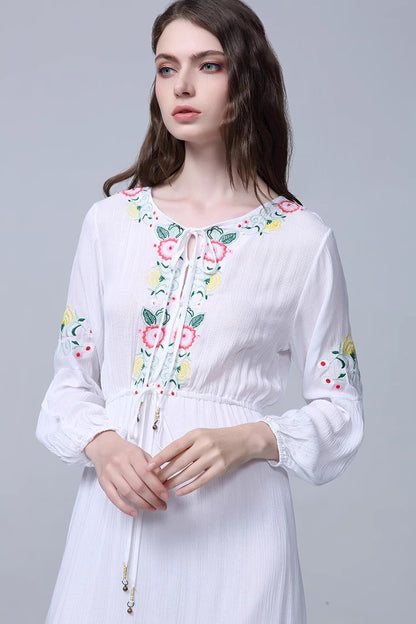 Bohemian Embroidered Flower Drawstring Tight Waist White Holiday Dress