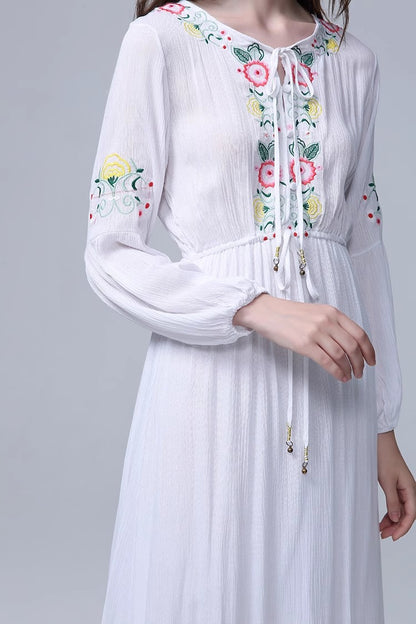 Bohemian Embroidered Flower Drawstring Tight Waist White Holiday Dress