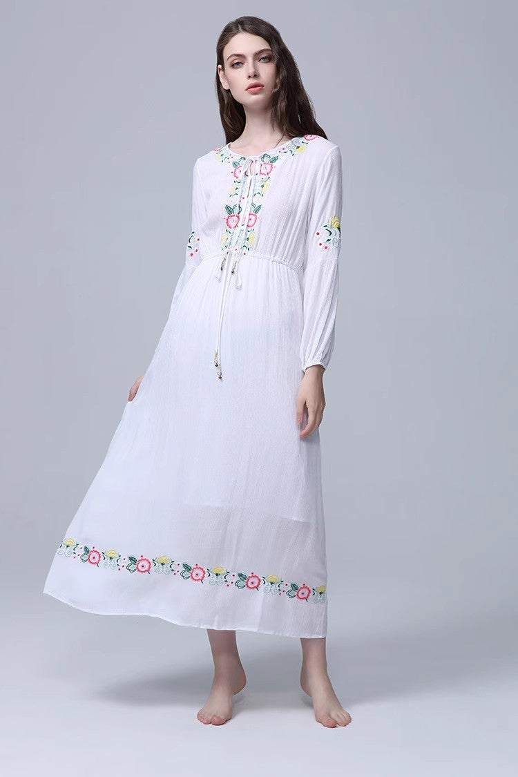 Bohemian Embroidered Flower Drawstring Tight Waist White Holiday Dress