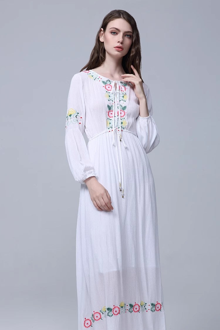 Bohemian Embroidered Flower Drawstring Tight Waist White Holiday Dress