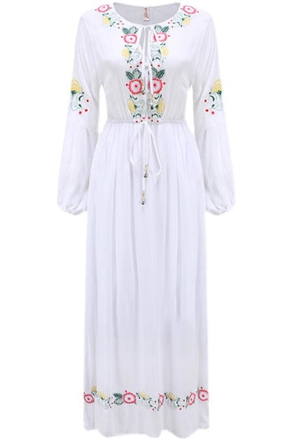 Bohemian Embroidered Flower Drawstring Tight Waist White Holiday Dress