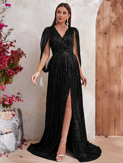 Robe populaire à paillettes, col en V, robe de soirée, robe longue fendue, robe de cocktail haut de gamme