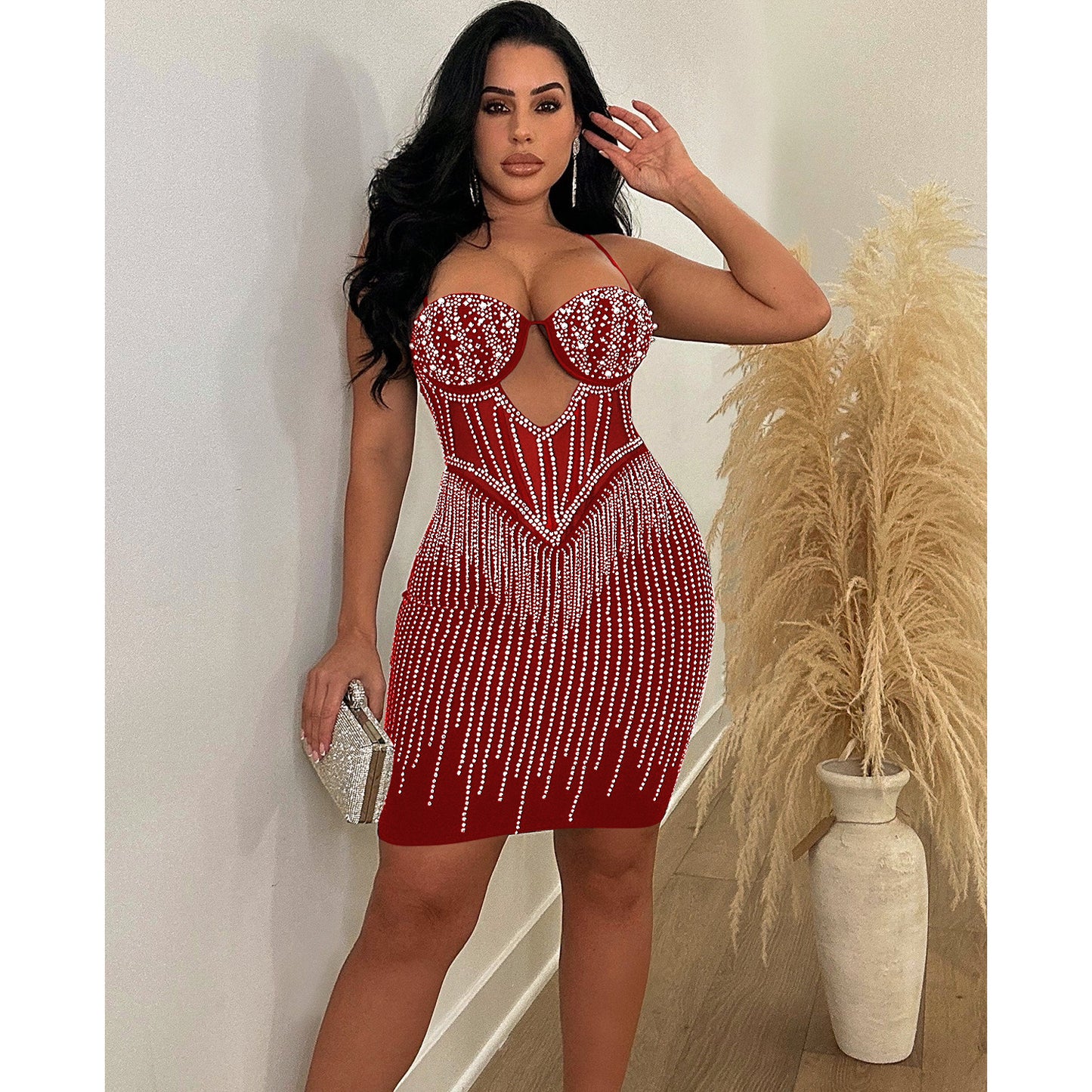 Women Wear Solid Color Mesh Rhinestone Slip Dress Dress