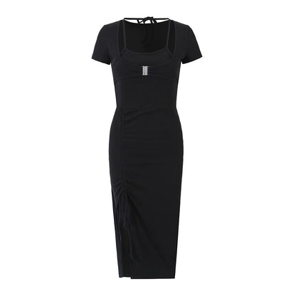 Sexy Faux Two Piece Dress for Women Summer Lace Up Halterneck Drawstring Slit Sheath Dress