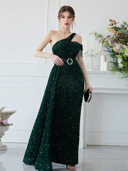 Elegant Dress Sequin off Shoulder Sleeveless Prom Evening Dress Slim Fit Sequined Fishtail Dress