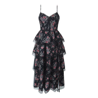 Spring Gao Ding French Sweet Printed Sexy Split Cake Sling Printed Dress