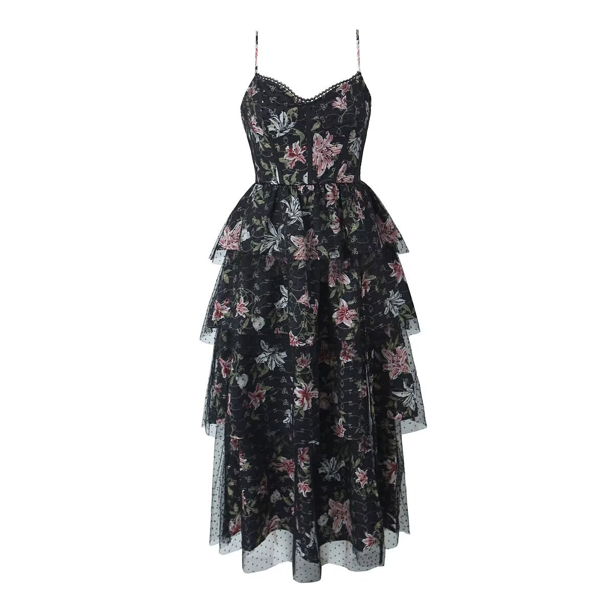 French Tea Break Floral Decoration Sweet Sexy Split Cake Autumn Winter Laminated Strap Dress