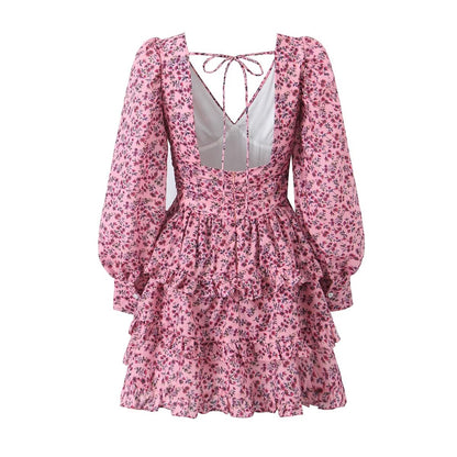 Early Spring Romantic Printed Sexy Backless V neck Long Sleeve Princess Dress Short Dress