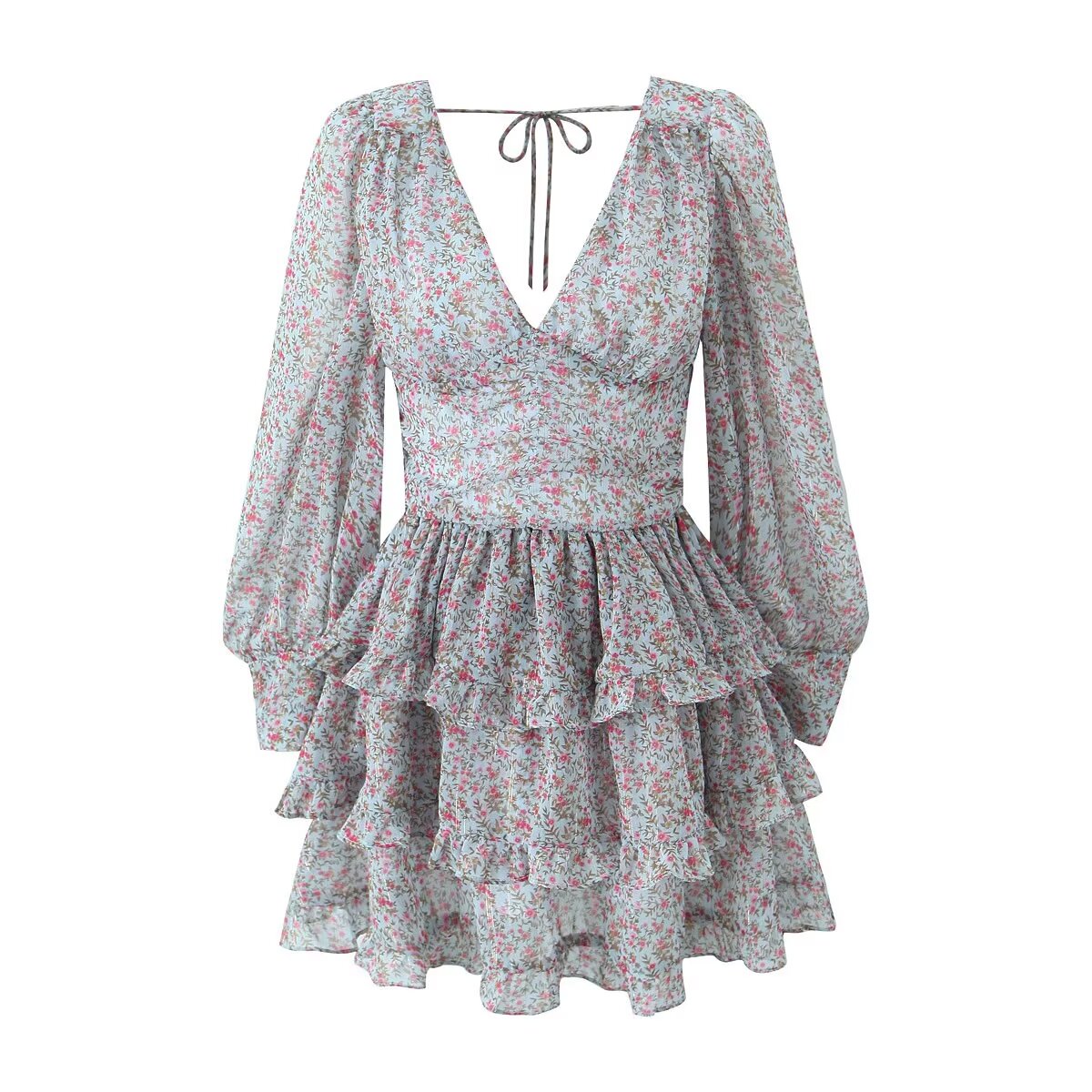 Early Spring Romantic Printed Sexy Backless V neck Long Sleeve Princess Dress Short Dress