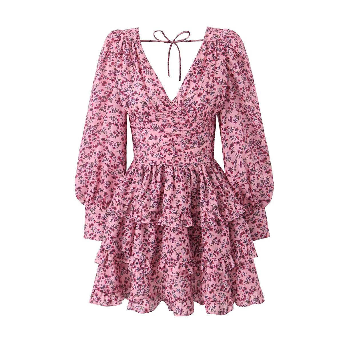 Early Spring Romantic Printed Sexy Backless V neck Long Sleeve Princess Dress Short Dress