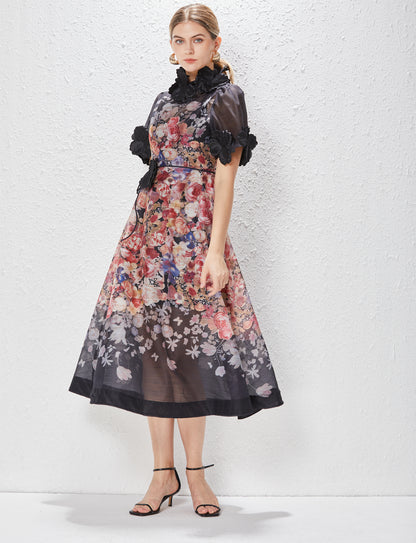 Three Dimensional Flower Stand Collar High End Temperament Holiday A Pendulum Dress