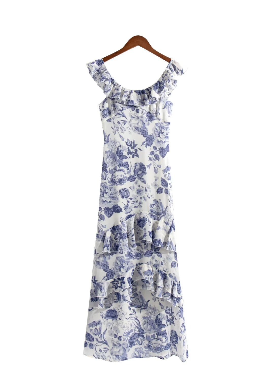 Spring Summer French Elegant Classical Printing Slip Dress Women Ruffled U Neck Maxi Dress