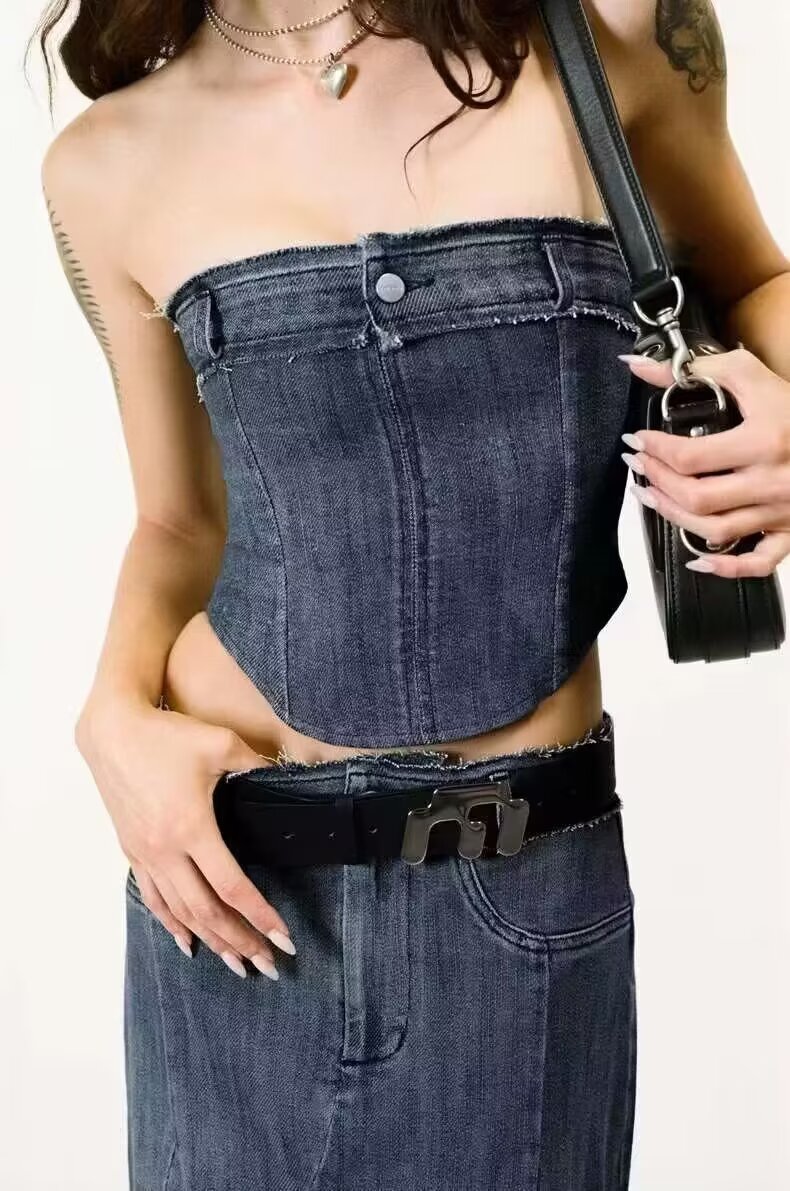 Vêtements d'été pour femmes, haut tubulaire en Denim smocké Sexy