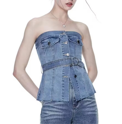 Femmes vêtements rue Sexy à lacets taille serré haut de Denim sans manches Denim bustier tubulaire dos