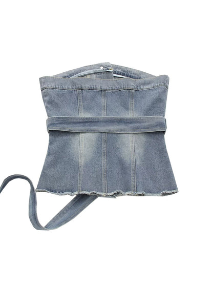 Femmes vêtements rue Sexy à lacets taille serré haut de Denim sans manches Denim bustier tubulaire dos