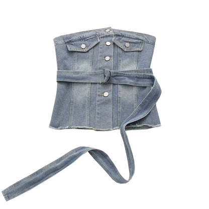 Femmes vêtements rue Sexy à lacets taille serré haut de Denim sans manches Denim bustier tubulaire dos