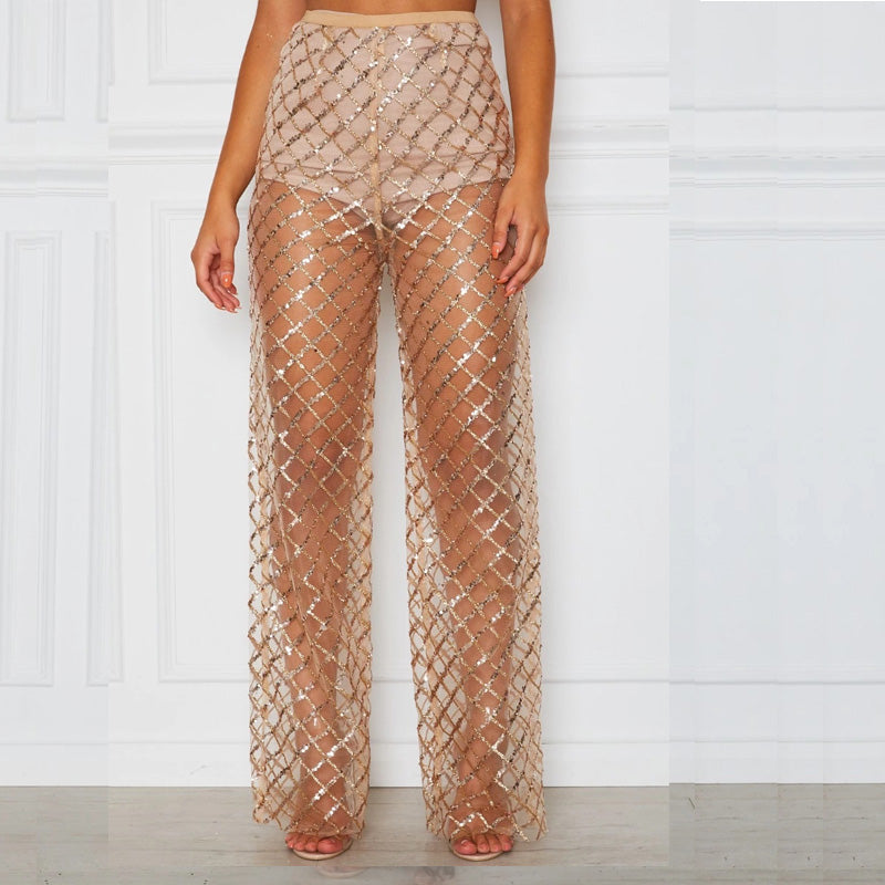 Sexy High Waist Perspective Hollow Out Cutout Gold Silk Mesh Sunscreen Pants Trousers for Women