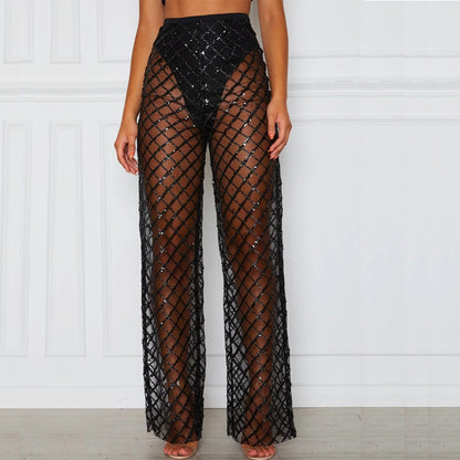 Sexy High Waist Perspective Hollow Out Cutout Gold Silk Mesh Sunscreen Pants Trousers for Women