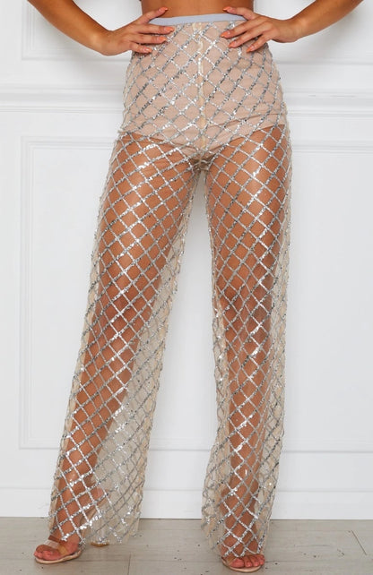 Sexy High Waist Perspective Hollow Out Cutout Gold Silk Mesh Sunscreen Pants Trousers for Women