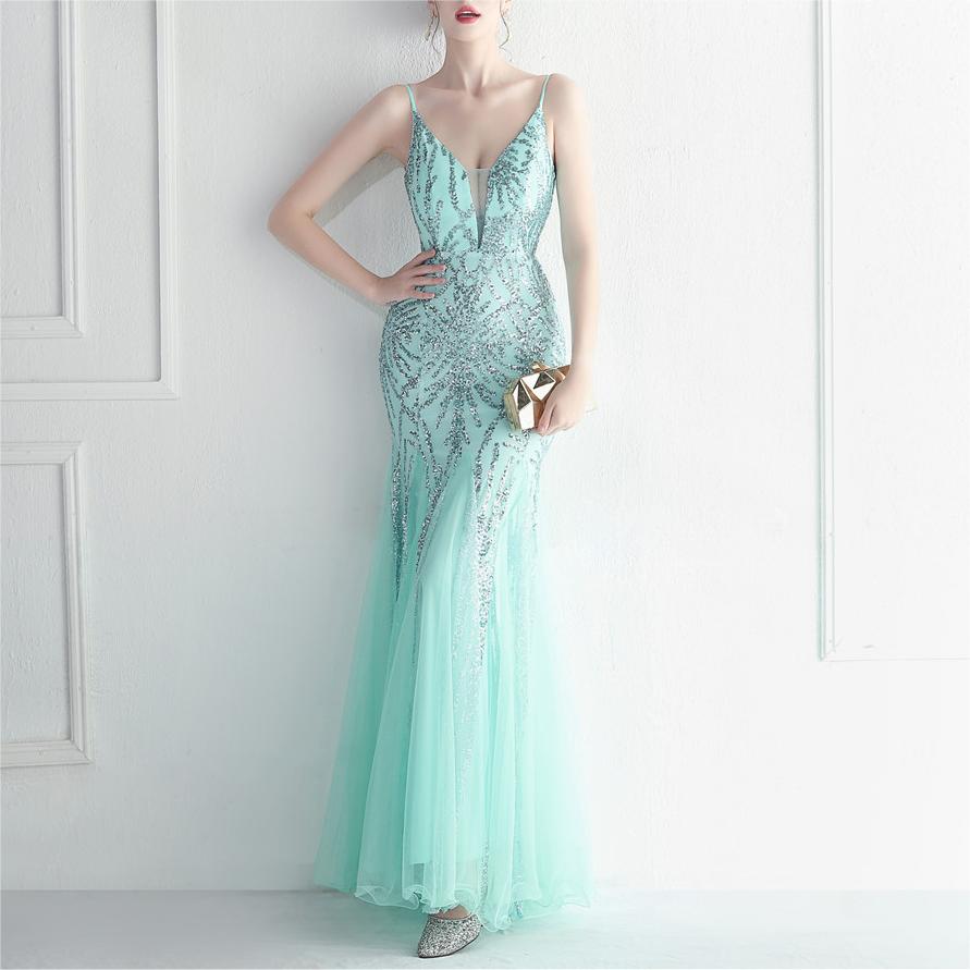 Sequin Gauze Sexy Sling Star Internet Celebrity Grand Ceremony Long Evening Dress