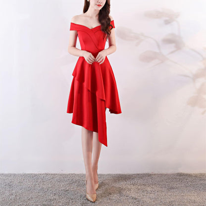 Evening Dress Short Winter Cocktail Dress Women Fashionable off Shoulder Front Short Back Long Annual Meeting