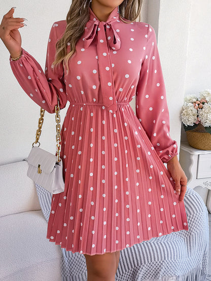 Real Shot Spring Summer Polka Dot Self Tie Waist Controlled Long Sleeves Pleated Women Clothing