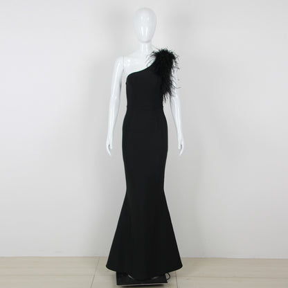 Autumn Winter Elegant Graceful Shoulder Sleeveless Slim Maxi Dress Ostrich Feather Bandage Women