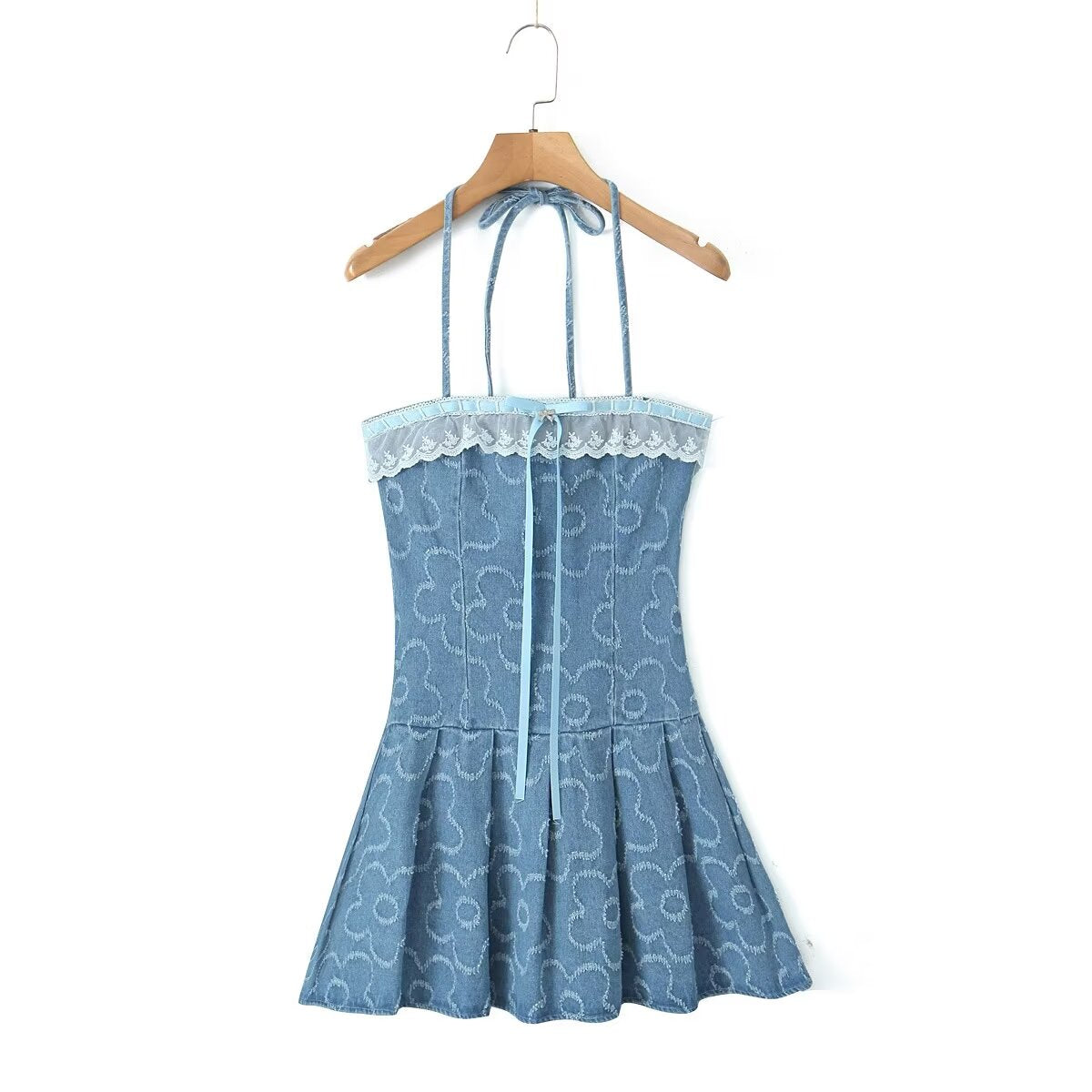 Printemps été Blogger dentelle Denim Jacquard mince robe à bretelles sexy