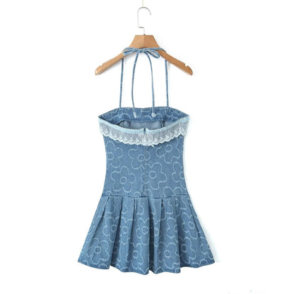 Printemps été Blogger dentelle Denim Jacquard mince robe à bretelles sexy