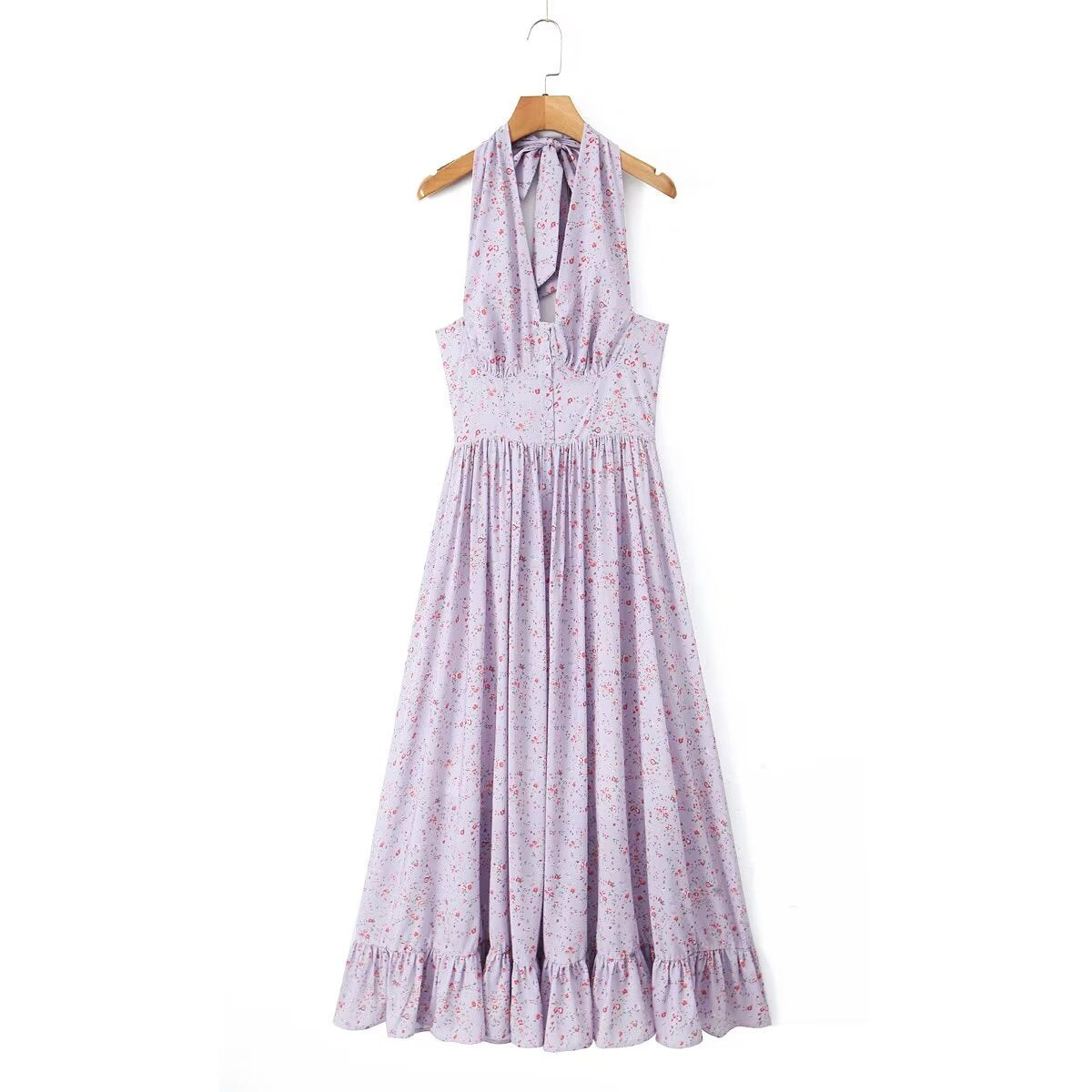 Spring Summer Blogger French Girl Purple Floral Halter Dress