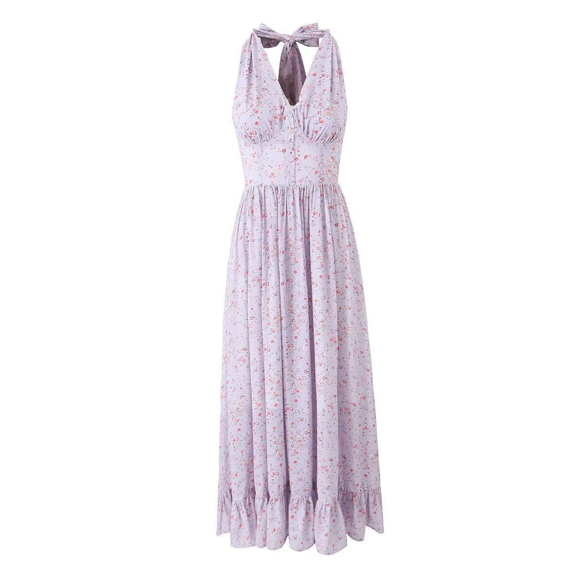 Spring Summer Blogger French Girl Purple Floral Halter Dress