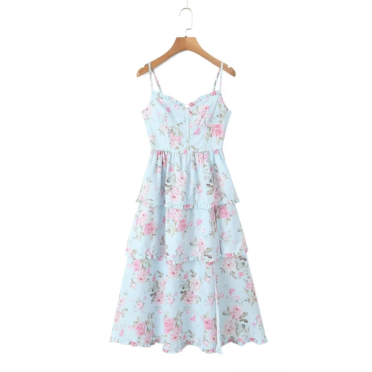 Summer Sexy Vacation Slip Dress Chiffon Floral Print Back Rope Side Slit Dress