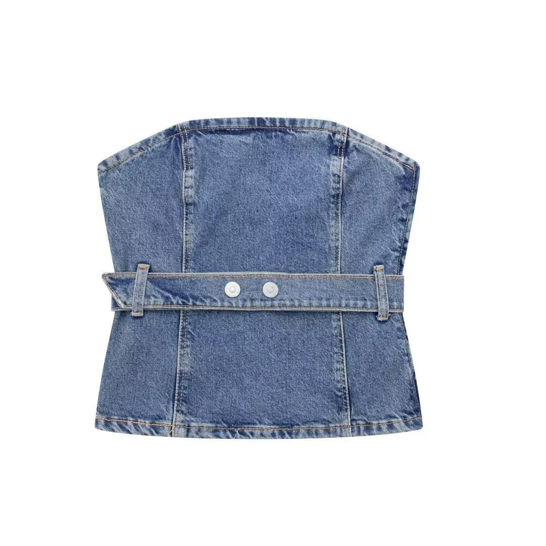 Design Slim Fit bustier tubulaire Sexy Sexy à la mode gilet été couleur unie lavé haut de Denim femmes