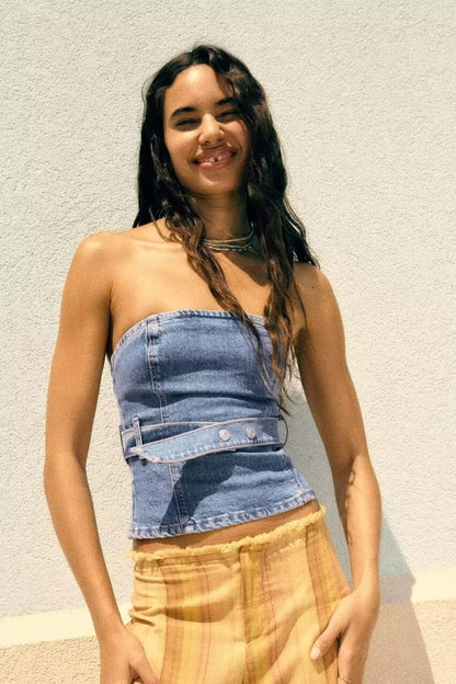 Design Slim Fit bustier tubulaire Sexy Sexy à la mode gilet été couleur unie lavé haut de Denim femmes