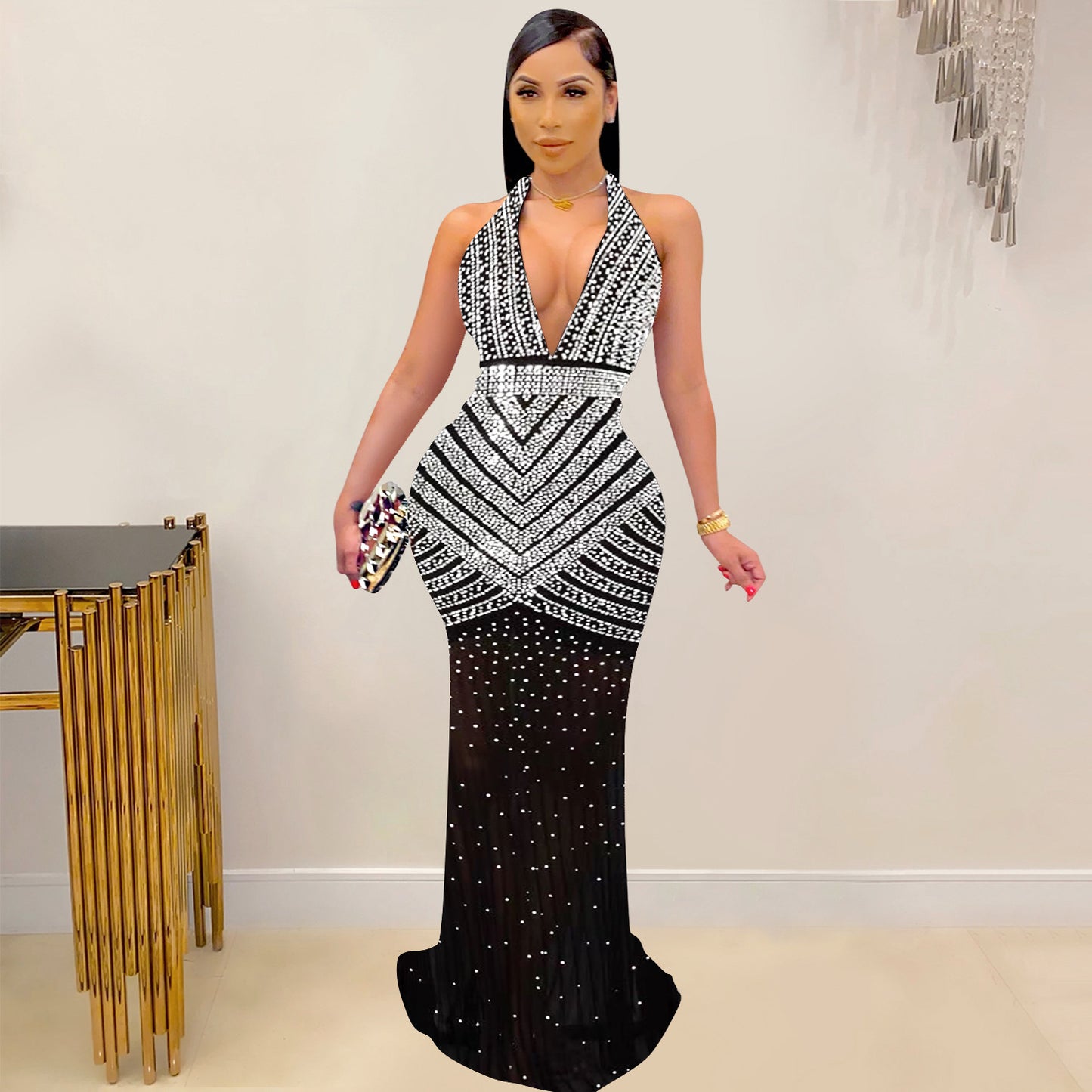 Women Sexy Wear Solid Color Mesh Rhinestone Sleeveless Maxi Dress